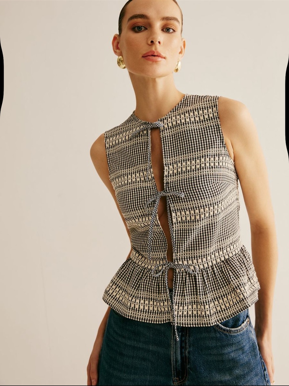 Commense Black & Cream Tie-Front Peplum Blouse